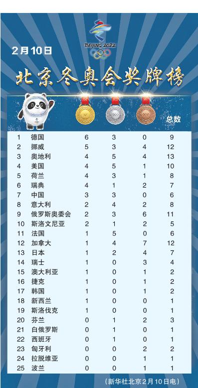 北京冬奥会奖牌榜前十名