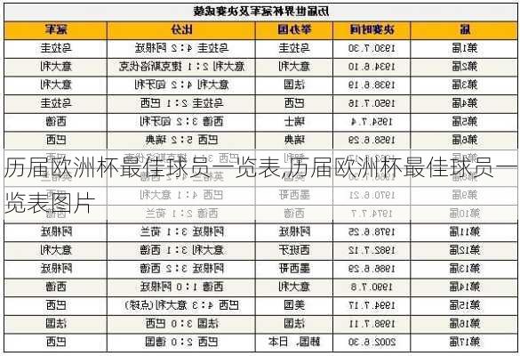 历届欧洲杯最佳球员一览表,历届欧洲杯最佳球员一览表图片