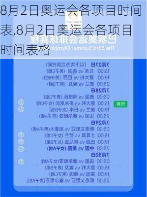 8月2日奥运会各项目时间表,8月2日奥运会各项目时间表格
