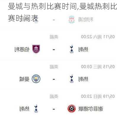 曼城与热刺比赛时间,曼城热刺比赛时间表