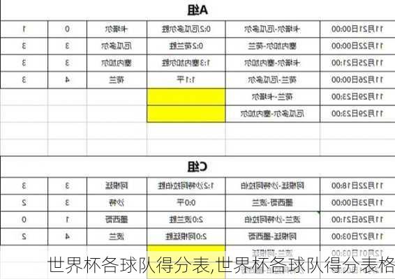 世界杯各球队得分表,世界杯各球队得分表格