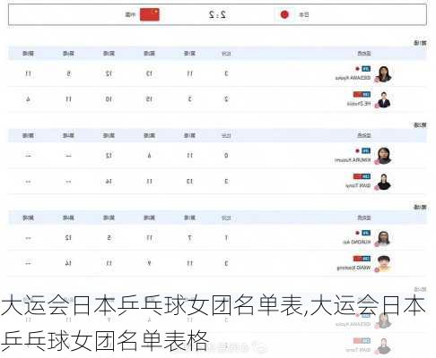 大运会日本乒乓球女团名单表,大运会日本乒乓球女团名单表格