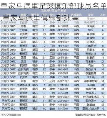 皇家马德里足球俱乐部球员名单,皇家马德里俱乐部球星
